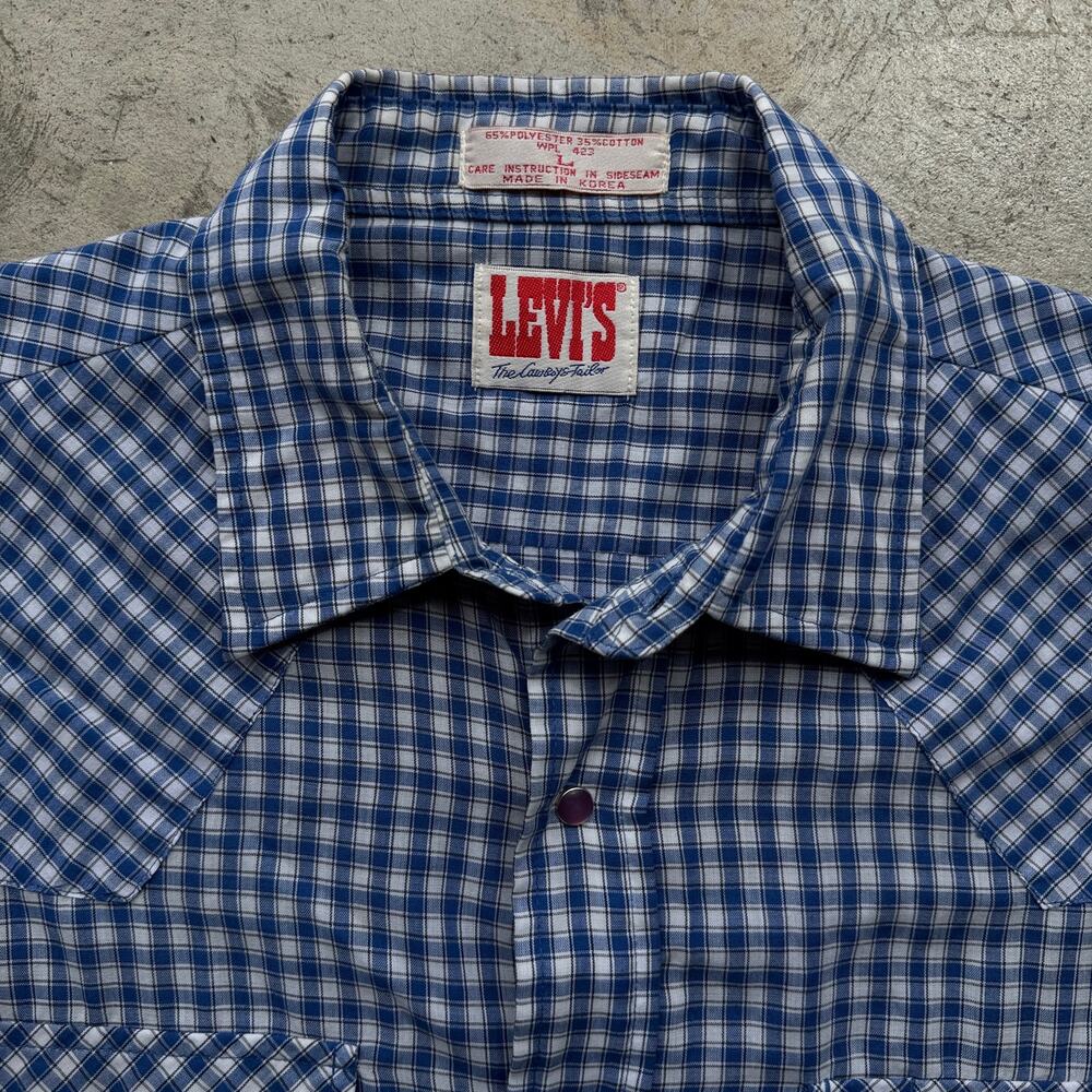 Vintage 80s Levi's The Cowboy's Tailor Blue Plaid Western Pearl Snap Shirt